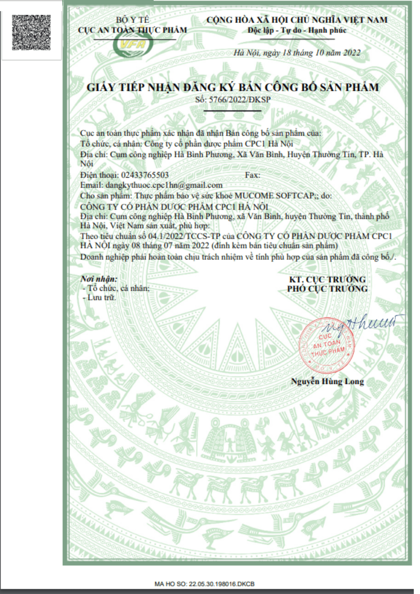 Giay cong bo san pham Mucome Softcap