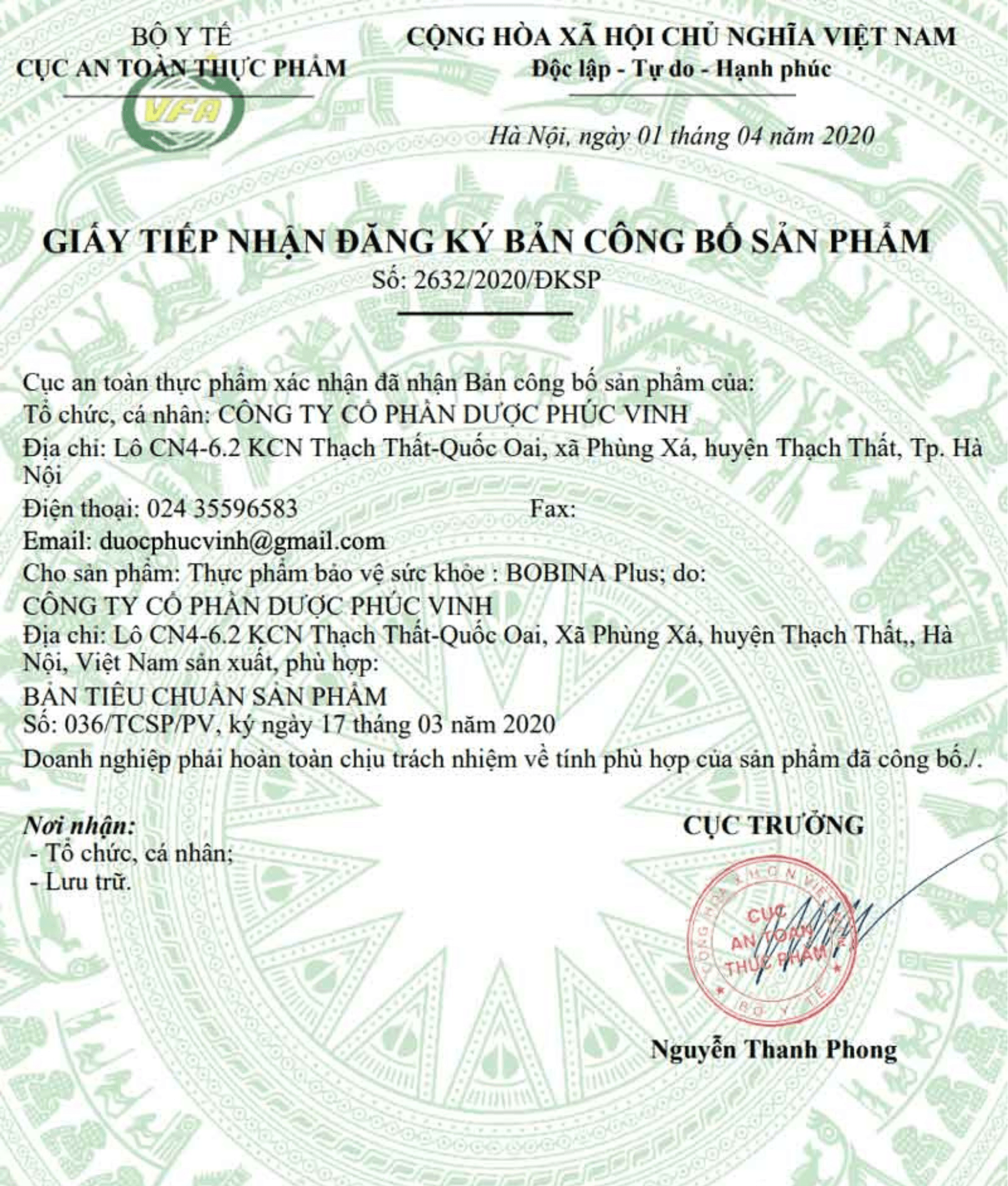 Giay cong bo san pham Bobina