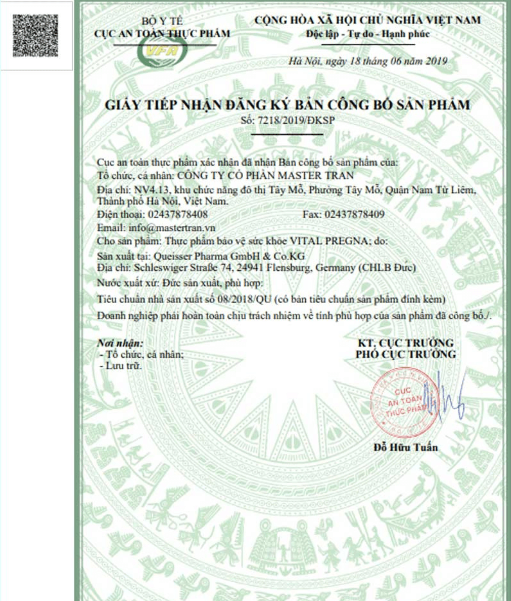 Giay cong bo san pham Vital Pregna